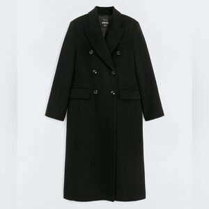 Mango Women's Long Black Wool Double-breasted coat Medium